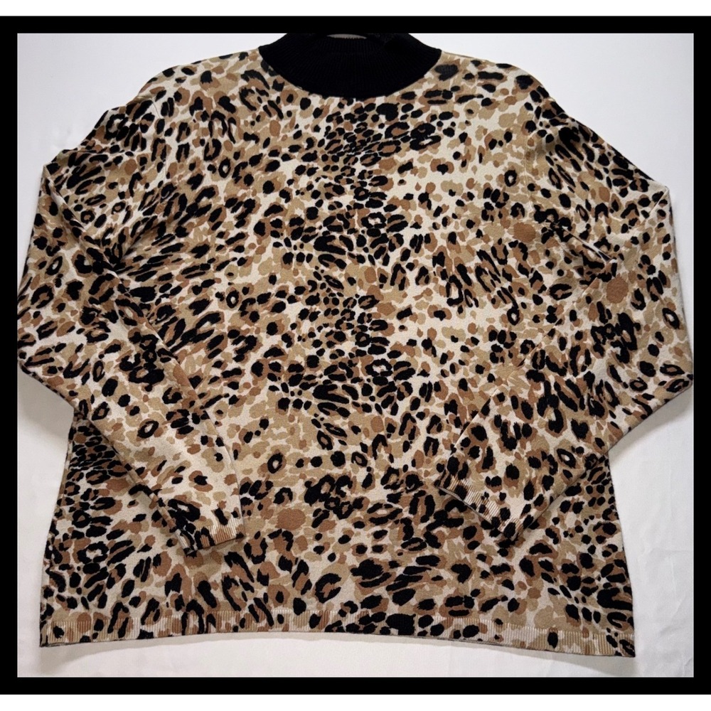 Chico's Leopard Print Sweater Womens Size 2 Brown Mock Neck Knit Animal Print